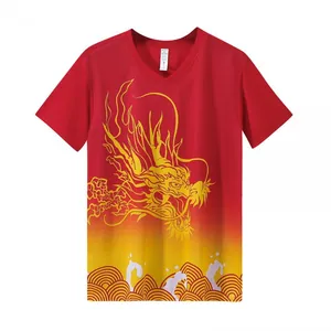 Men's red quick-dry dragon boat t-shirt featuring golden dragon and wave print