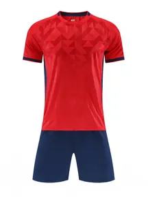 Red jacquard soccer jersey and navy shorts set for training, quick-dry fabric view.