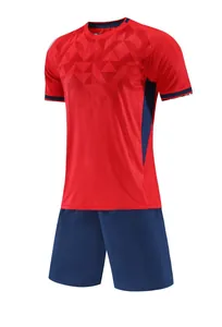 Professional red and navy jacquard soccer jersey set with breathable quick-dry fabric