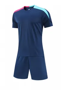 Close-up of navy blue soccer uniform with color-block shoulders and breathable fabric
