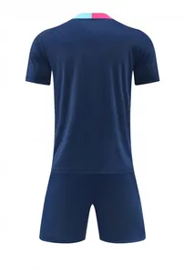 Back view of navy blue football training kit featuring breathable textured fabric