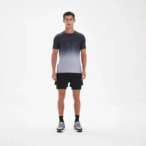 Men's sports set with grey gradient ice silk t-shirt and black shorts for summer fitness