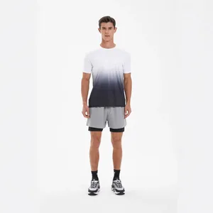 Men's sports set with white-to-black gradient quick-dry t-shirt and grey shorts
