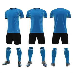 Quick-dry blue short-sleeved soccer jersey set with black shorts and blue socks for training