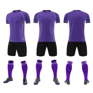 Professional quick-dry breathable soccer uniform set with purple jersey and black shorts