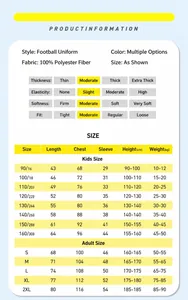 Comprehensive size chart for quick-dry football uniform sets for kids and adults.