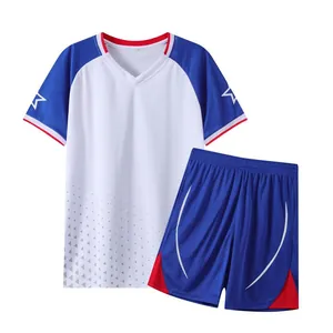 Men's quick-dry soccer jersey and shorts set with blue raglan sleeves and white body.