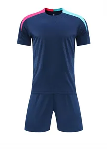 Detailed front view of navy blue football soccer training jersey and shorts set