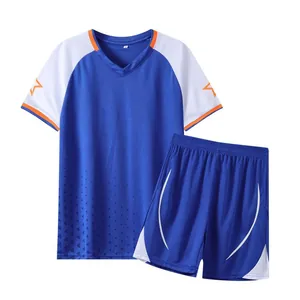 Blue and white quick-dry men's soccer jersey set with V-neck shirt and shorts