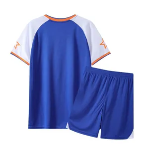Quick-dry blue and white soccer uniform set for men shown from back view detail.