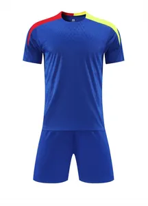 Detailed front view of a blue soccer training kit set with red and yellow shoulder accents
