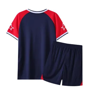 Men's navy and red quick-dry soccer training kit showing the back of jersey and shorts