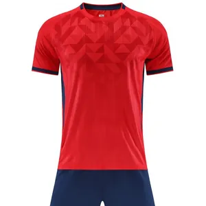 Professional red quick-dry soccer jersey set with geometric jacquard pattern and navy shorts