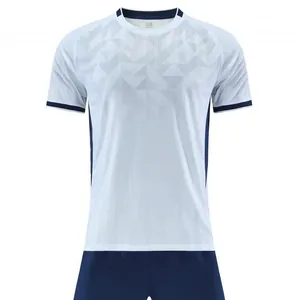 Breathable white jacquard fabric soccer jersey set with navy blue training shorts