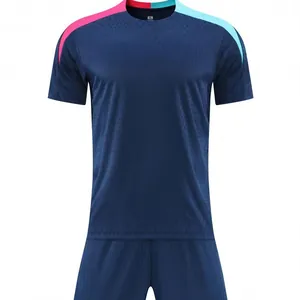 Navy blue soccer training jersey set featuring stylish pink and light blue shoulder accents