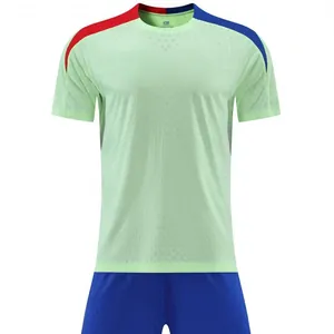 Light green blank football training jersey set with blue shorts for soccer fans