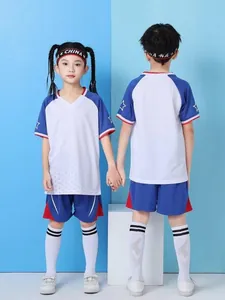 Children's quick-dry soccer uniform set with blue and white sport jersey and shorts