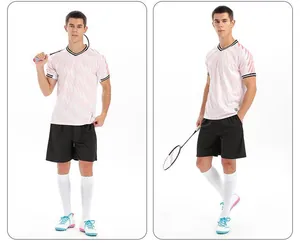 Full view of custom breathable pink and white striped sports jersey set