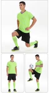 Professional soccer uniform set in lime green showing three different action poses
