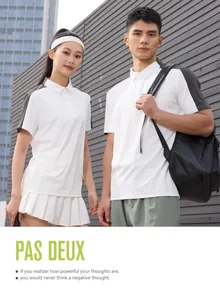 Lifestyle photo of a sporty couple in matching white quick-dry short-sleeved polo shirts
