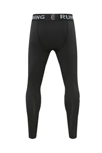 Rear view of kids black quick-dry compression leggings with elastic RUNNING waistband