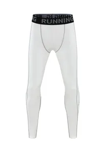Detail shot of white kid's compression sports leggings with 'RUNNING' printed on waistband