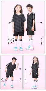 Detailed presentation of children's black short-sleeved soccer jersey and shorts kit