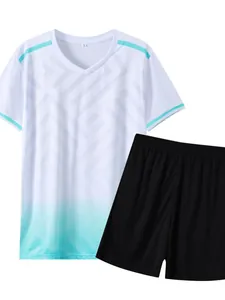 Profi-Fußball-Trikotset für Herren, schnelltrocknend, weiß-türkiser Farbverlauf mit Shorts
