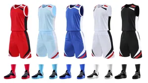 Five color variants of quick-dry basketball uniforms with matching jerseys and shoes