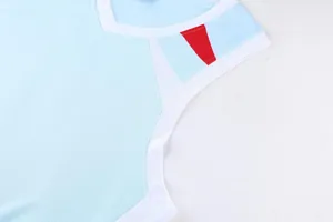 Detailed view of breathable mesh fabric and collar of light blue basketball jersey