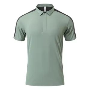 Men's sage green quick-dry sports polo shirt with shoulder stripes and buttons
