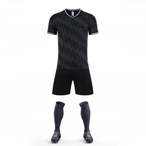 Customizable dark grey and black soccer uniform set including jersey, shorts, and socks