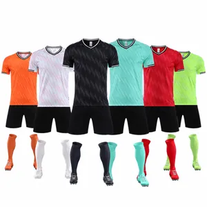 Customizable soccer jersey sets in multiple colors including jerseys, shorts, and socks
