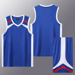 Professional blue and white quick-dry basketball jersey set with athletic red stripe details
