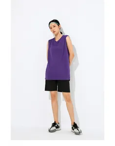 Detail view of purple quick-dry sleeveless basketball tank top featuring a split hem design