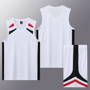 White quick-dry sleeveless basketball uniform set with red and black stripe accents