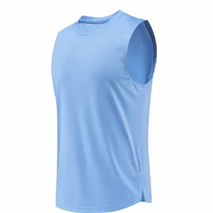 Men's light blue quick-dry athletic vest with split hem for basketball training