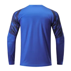 Vista posteriore della maglia da portiere di calcio blu a maniche lunghe con gomitiere