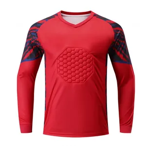 Maglia da portiere rossa professionale con imbottitura protettiva e motivo a strisce.