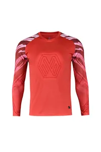 Vue de face du maillot de foot de gardien rouge à manches longues avec logo embossé