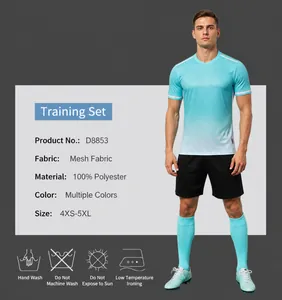 Detailed info for quick-dry breathable soccer training suit including fabric and size chart specs.