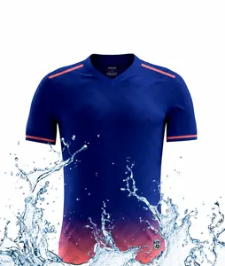 Detailed macro view showing the durable and breathable polyester fabric of this blue soccer jersey