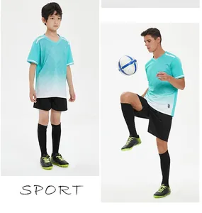 Detail view of cyan gradient quick-dry soccer jersey set for football match and training
