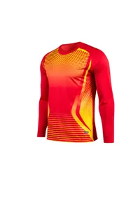 Détail du maillot de gardien de but rouge à manches longues avec motif à pois jaunes