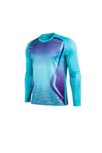 Vue avant du maillot de gardien bleu avec graphismes dégradés et textures rayées