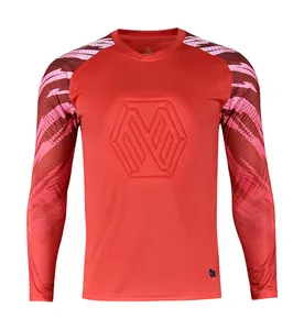 Red long-sleeve soccer goalkeeper jersey with geometric shoulder prints and chest detail