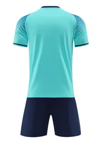 Back view of breathable teal and navy blue soccer football training uniform kit set