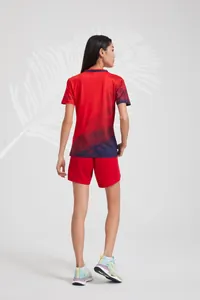 Back view of professional red and navy sports jersey for badminton and table tennis