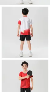 Close-up detail view of red and white kids sports uniform for table tennis and badminton.