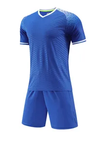 Blue soccer uniform set with white chevron patterns and V-neck for team training